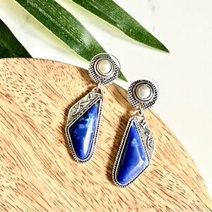 2/$30🌵 Blue Stone Pearl Earrings Silver Tone Bohemian Southwestern Jewelry NEW